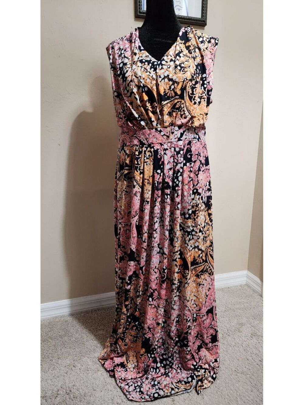 Chico's Women's Size 2 Maxi Dress with Pink, Black, and Orange Abstract Pattern